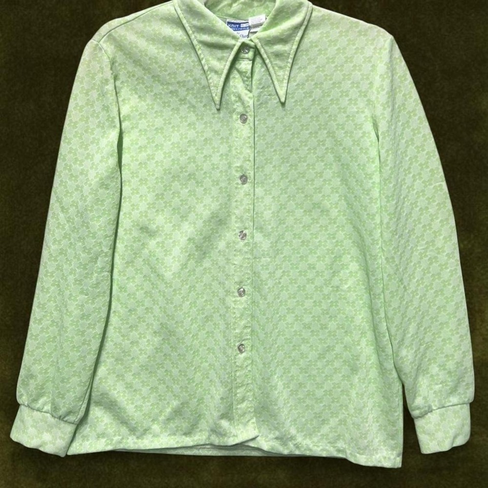 True Vintage 1970s Pastel Lime Geometric print Dagger Collar Blouse L/XL